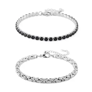 Cubic Zirconia Set of 2 Tennis and Byzantine Bracelet in Stainless Steel 7.50-9.0In