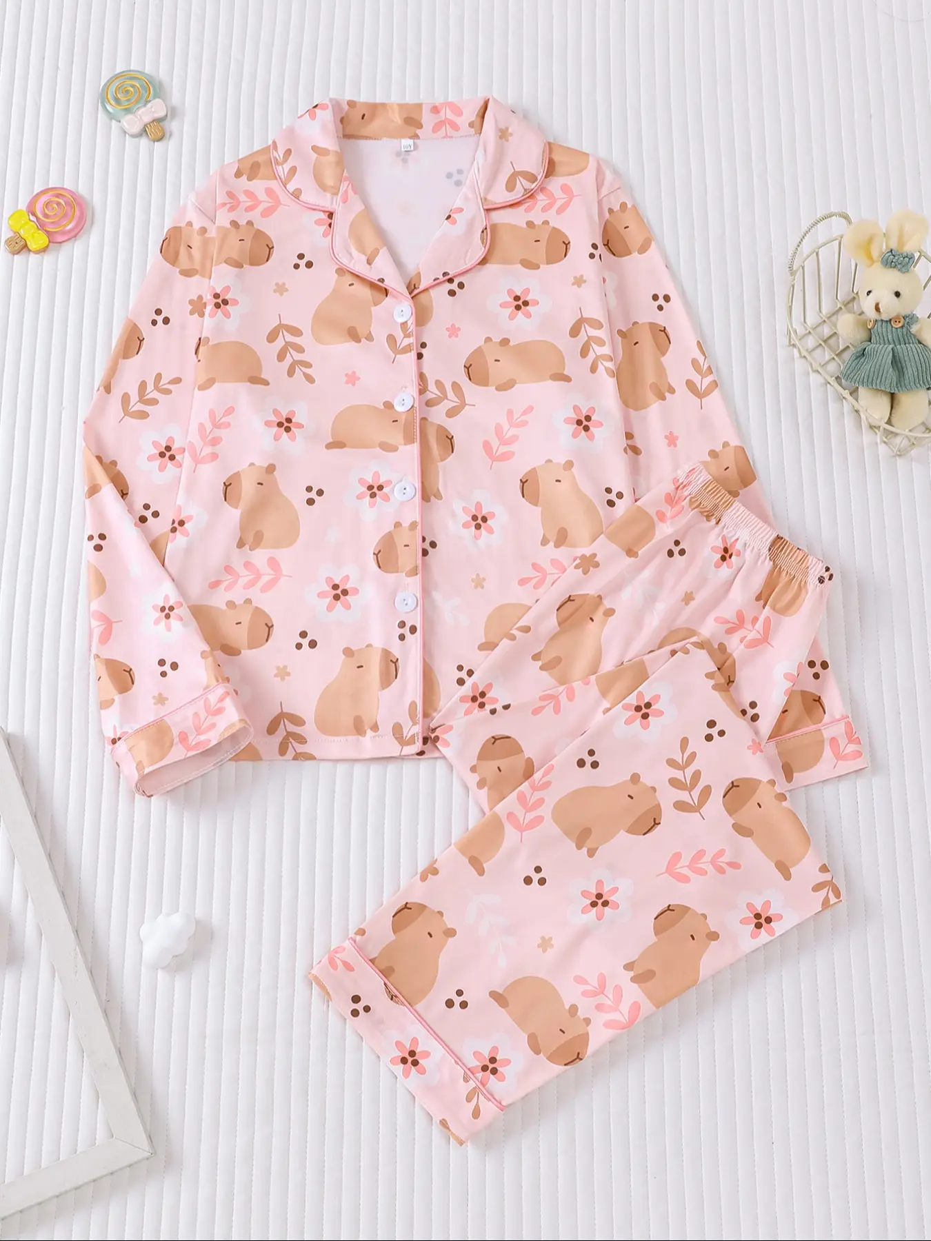 Cartoon Capybara Sleepwear Set, Fire-Retardant Button-Up Shirt, Long Sleeve Pants, Casual Fall Winter, Kids Fashion