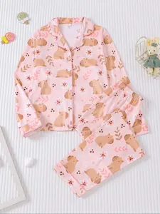 Cartoon Capybara Sleepwear Set, Fire-Retardant Button-Up Shirt, Long Sleeve Pants, Casual Fall Winter, Kids Fashion, Pastel Cute Pajamas