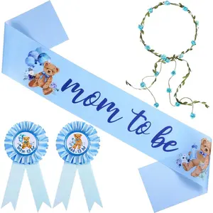 Bear Theme Baby Shower Set - Mom to Be Sash, Dad to Be Pin, Flower Crown - Gender Reveal Props, Party Favors for Boys & Girls