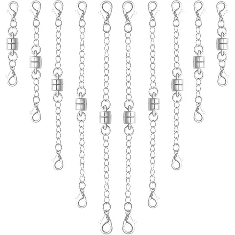 Magnetic Necklace Clasps with Extenders & Adjustable Chain, 10-Piece Silver Set, Gold Option Available, Magnetic Closures for Fashion Costume Jewelry, Gold Magnetic Necklaces