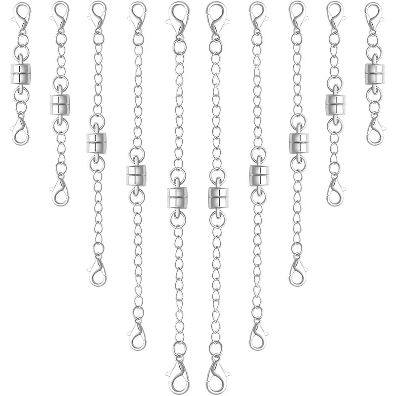 Magnetic Necklace Clasps with Extenders & Adjustable Chain, 10-Piece Silver Set, Gold Option Available, Magnetic Closures for Fashion Costume Jewelry, Gold Magnetic Necklaces