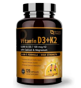 Vitamin D3 K2 with Calcium & Magnesium - Max Strength 4 in 1 Formula for Bone, Heart & Immune Support - Supplies 5000 IU Vitamin D3 & 120 mcg of Vitamin K2, 120 Count