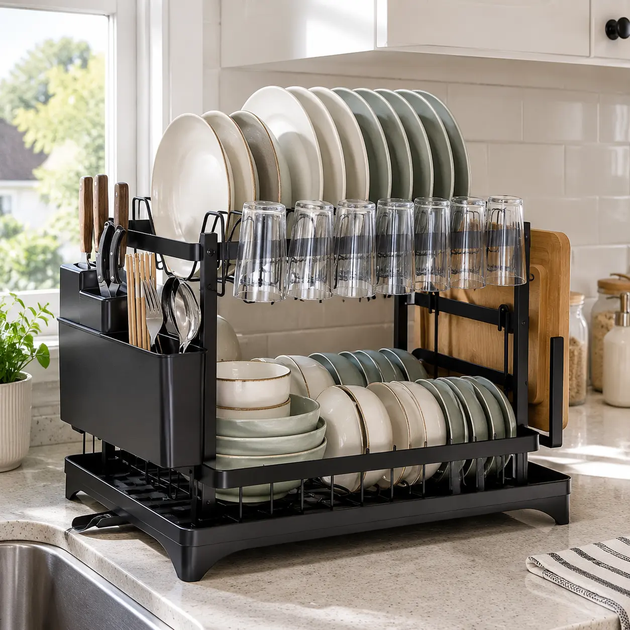 Black 2-Layer Stainless Carbon Steel Dish Rack - 1 Piece Rust-Resistant Apartment Kitchen Counter Organiser, Kitchenware Holder with Drain Board, Quick Access Shelf, Utensil Rack for Knives, Cups, Cutting Boards