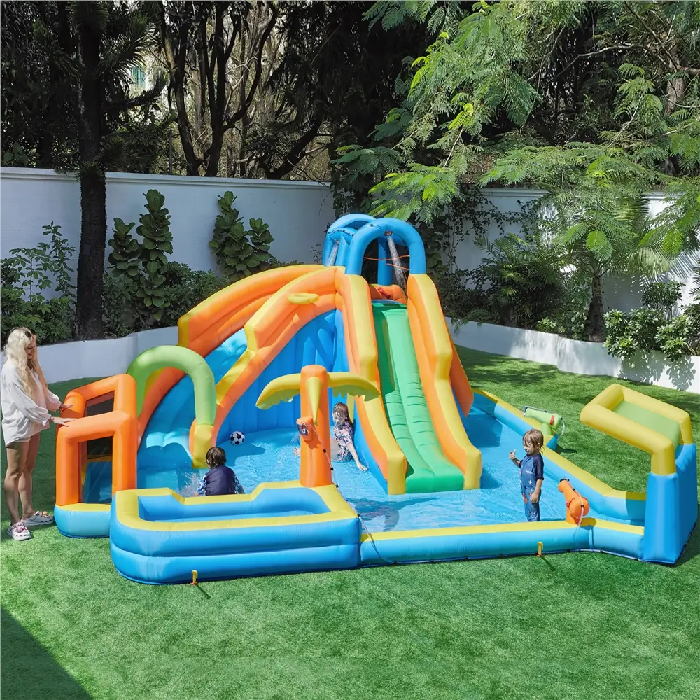 【All Kinds】Yaheetech Inflatable Water Slide w/ 2 Long Slides & Large Climbing Wall & Small Deeper Pool & Awning for Kids Aged 3 to 10, Outdoor Water S