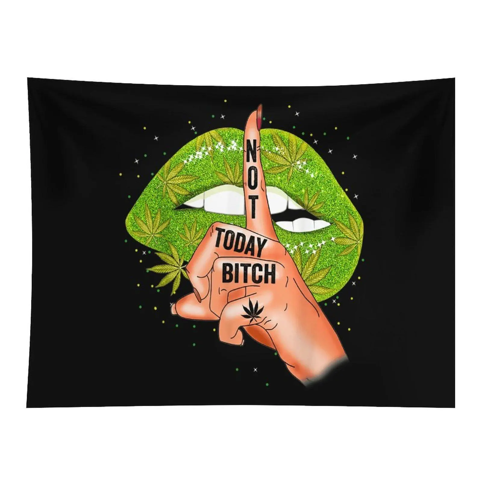 Black Glitter Green Weed Lips Middle Finger "NOT TODAY BITCH" Wall Tapestry - Whimsical Home Decor, Sassy Stoner 420 Feminist Graphic Hanging for Bedroom, Wall Decor Ideas