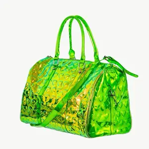 Heart Duffle Holographic Green Travel Bag with Adjustable Strap and Zipper Closure