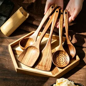 6-Piece Natural Wooden Kitchen Utensil Set, Ergonomic Handles, Heat Resistant, Includes Spoons, Scoops, Perfect for Cooking and Baking, Wooden Cooking Tools