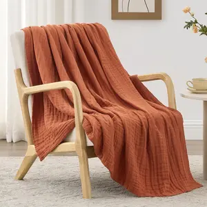 6 Layer  Cotton Muslin Blanket, 50"x60" Throw Muslin Blanket for Couch Bed, Orange Muslin Throw Blanket, Cotton Gauze Blanket for Adult, Lightweight and Breathable Blanket