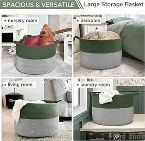 Large Laundry Storage Basket, 21.7 x 13.8 Blanket Baskets for Organizing Decorative Rope Basket Living Room Bedroom Nursery Toy Storage Basket for Colthes Towel, Empty Gift Basket, Green
