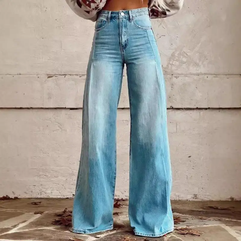2025 Women's New Wide-Leg Pants High-Waisted Casual Long Pants Printed Flared Pants Baggy Jeans revice low rise shorts navy purple loose female black pant Fit Fall