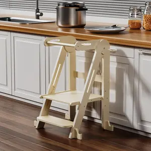Kids Kitchen Step Stool, Foldable Toddler Tower, Height Adjustable Toddler Standing Tower with Safty Rail and Anti-Slip Device, Wooden Stool for 1.5-6 Years(Nature-Wood)