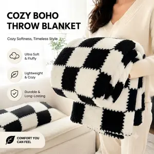 1pc Classic Black and White Checkered Blanket | Thick Fleece Flannel Bed Sheets, Office Nap Throw Blanket, Aesthetic Sofa Casual Blanket