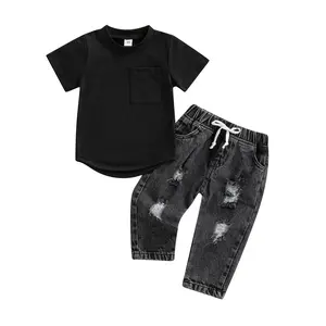Toddler Baby Boys Denim Outfits Solid Color Short Sleeve T-Shirt Tops + Ripped Jeans Pants Set