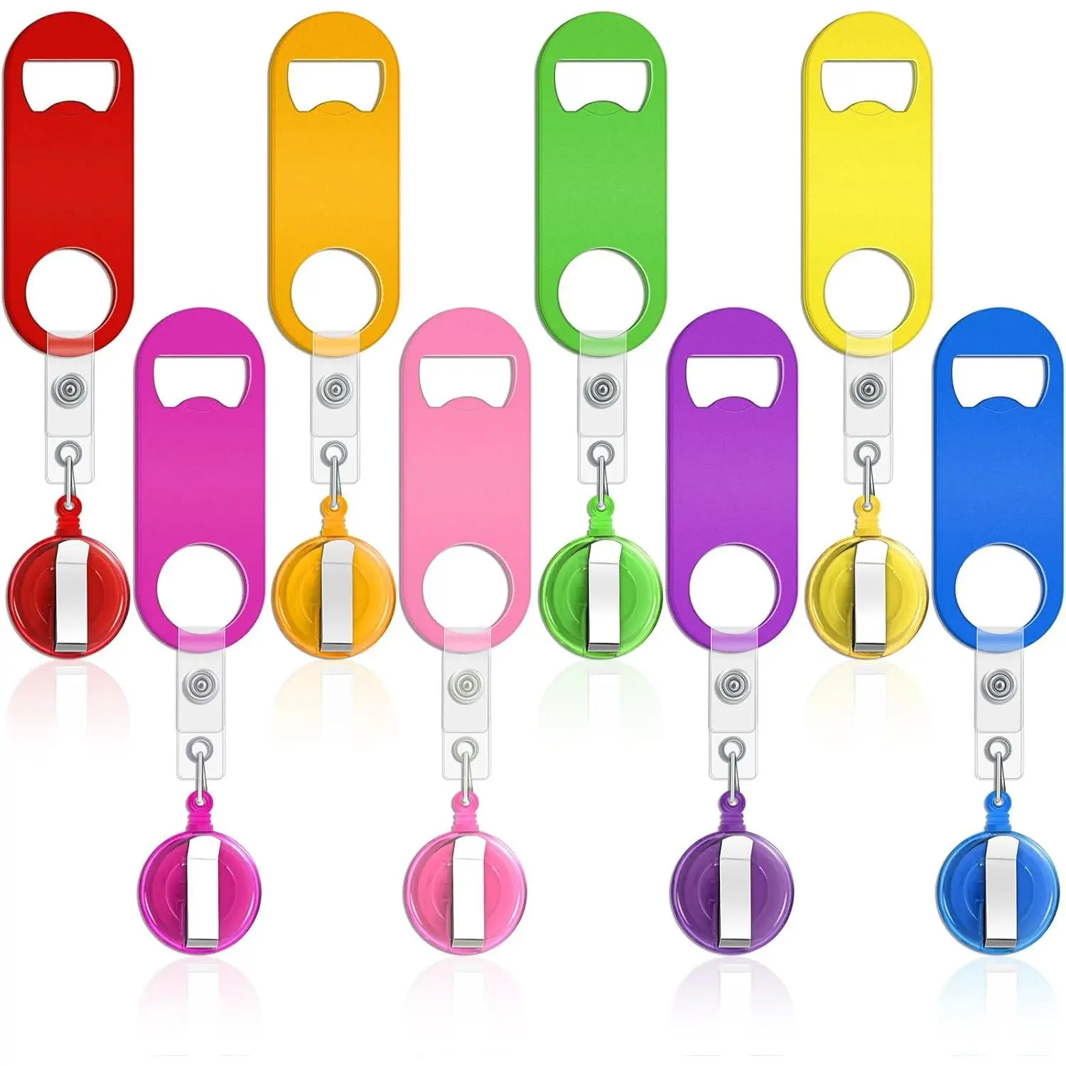 8-Piece Plastic Retractable Bottle Opener Set - Bartender Flat Beer Opener with Round Badge Reel Clips Holder, Indoor Kitchen Supplies for Birthday Gifts (Classic, Assorted Colors)
