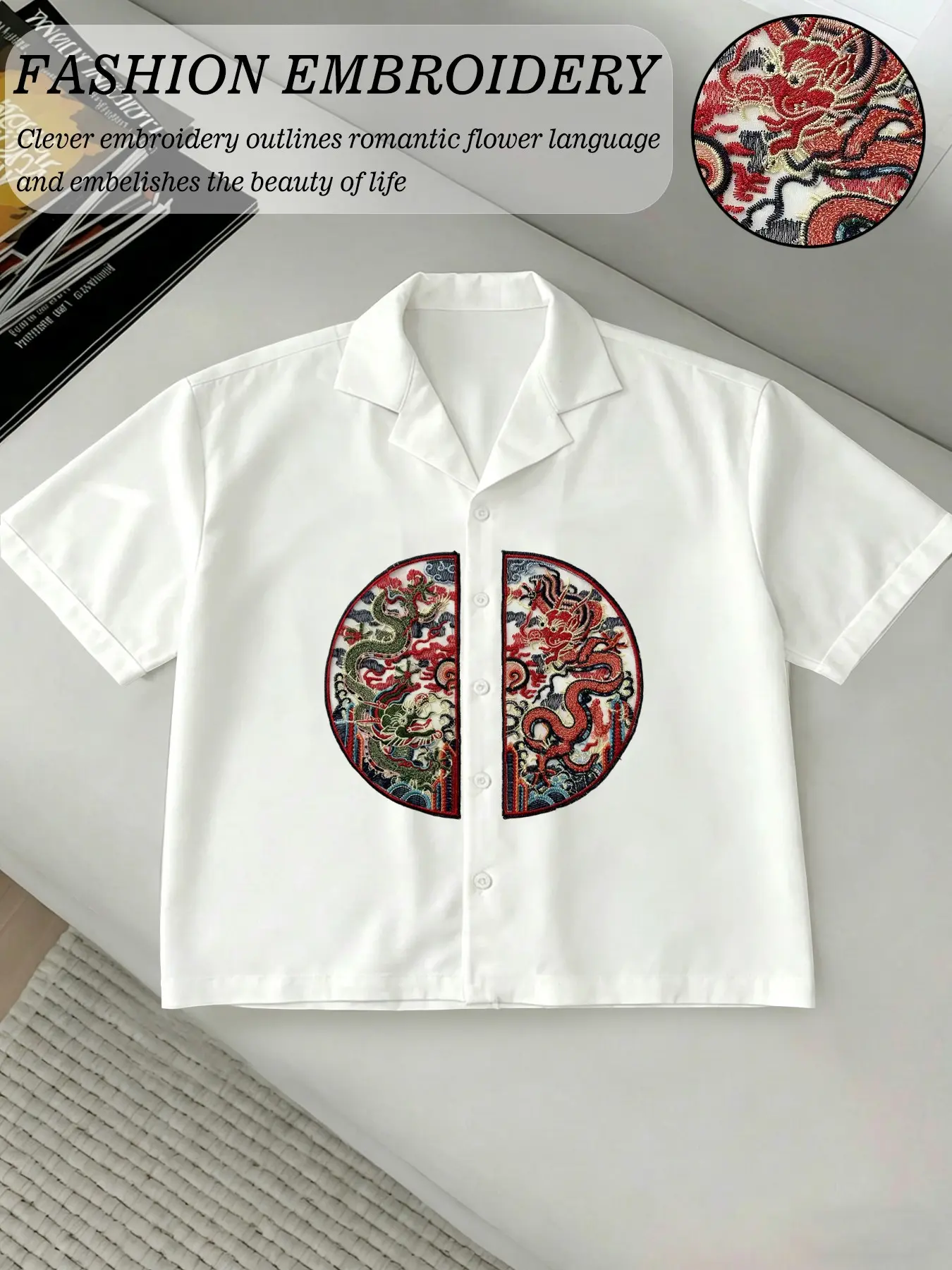 Traditional Dragon Pattern Embroidered Cuban Collar Short Sleeve Shirt, Oriental Imperial Aesthetic Men's Casual Top, National Trend Fashion