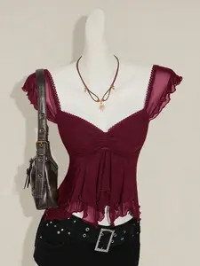 Women Ruched Front Slim-Fit Sexy Mesh Patchwork Tie Back Flutter Sleeveless Cami Top, Casual Vacation Top Ruffle Top