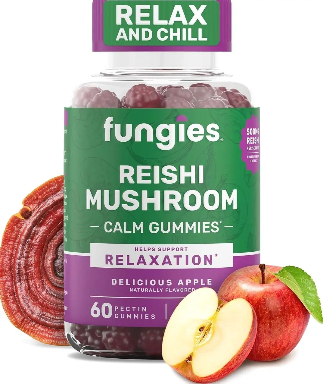 Fungies Reishi Mushroom Gummies, Delicious Apple Flavor - Mushroom Herbal Supplement Gummy for Adults Supports Immune Health, Relaxation & Healthy Aging - Calming Gummies for Sleep - 60 Servings