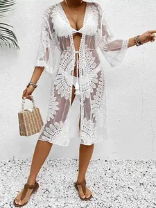 Women Beach Cover up Floral Embroidery See-Through Lace Beach Kimono Beach Dress For women