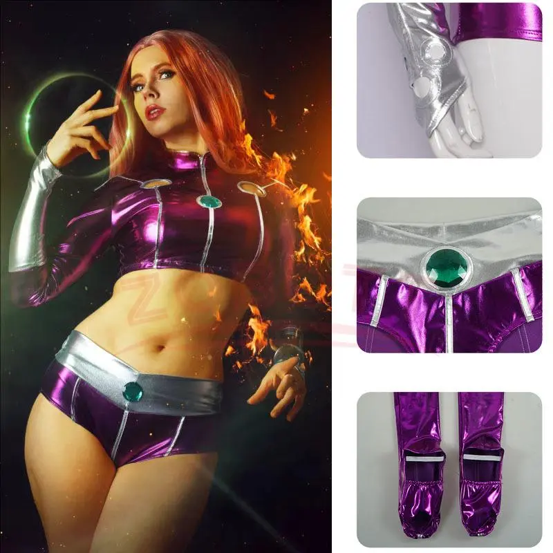 Anime Movies Teen Titan Starfire Sexy Spandex Zentai Suit Purple Women Halloween Cosplay Costume Sexy Purple Bodysuit For Woman