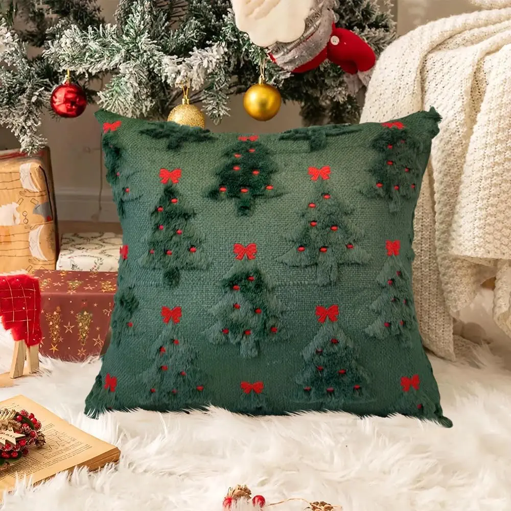 18x18 in Soft Faux Fur Christmas Pillow Covers, Decorative Cushion Covers with Red Bows & Tree Design, Soft Fabric Options for Bedroom Sofa Winter Holiday Home Decor, Soft Fabric Cushion Covers