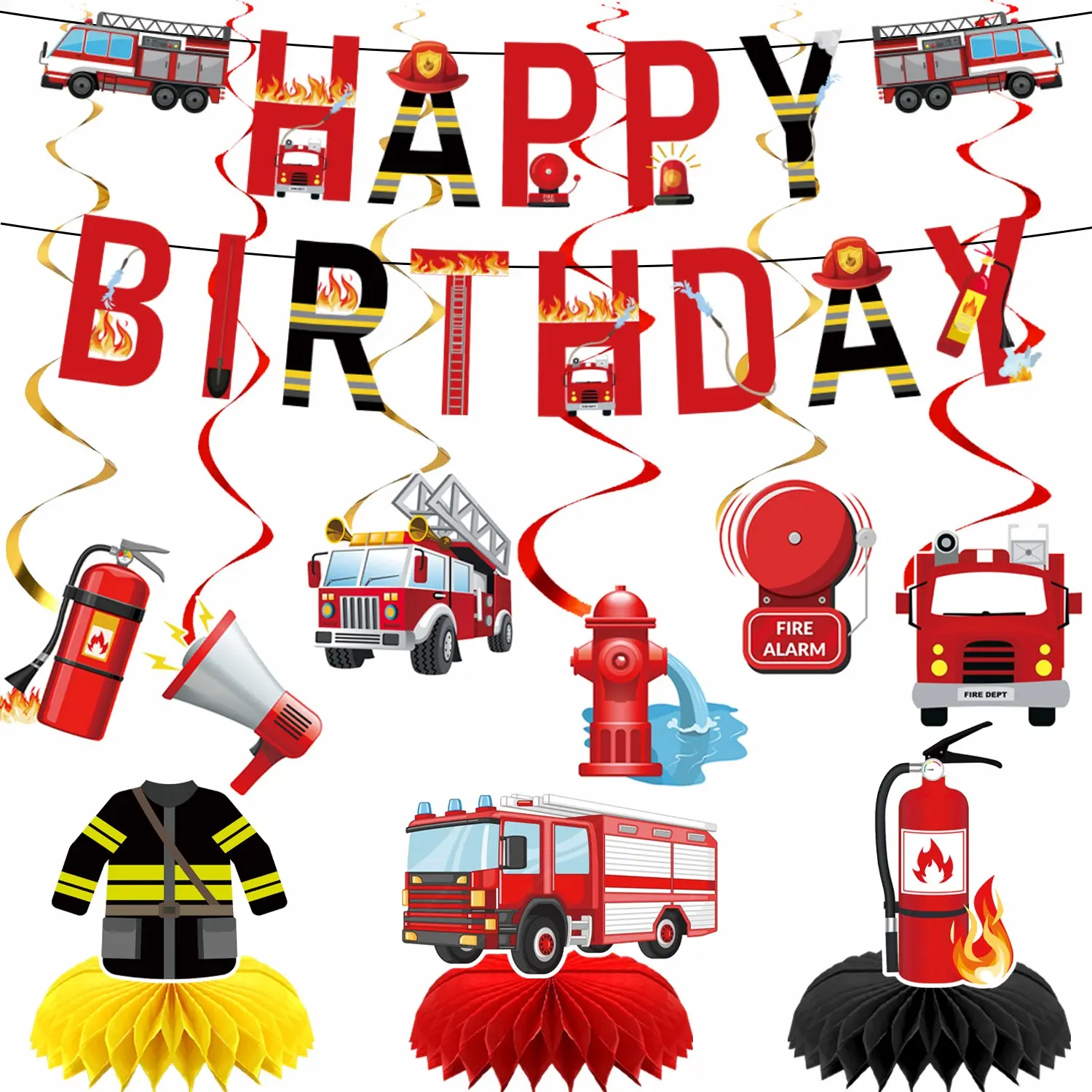 16 Pcs Fire Truck Birthday Party Decorations Set, Firefighter Theme Banner, Hanging Swirls, Honeycomb Centerpieces, Fireman Rescue Party Supplies