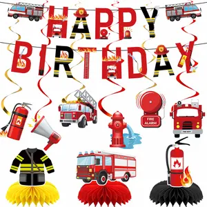 16 Pcs Fire Truck Birthday Party Decorations Set, Firefighter Theme Banner, Hanging Swirls, Honeycomb Centerpieces, Fireman Rescue Party Supplies