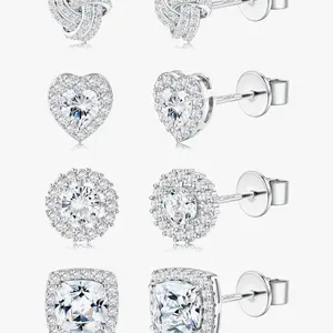 4 Pairs Sterling Silver CZ Stud Earrings for Women 14K Gold Plated Brilliant Celtic Heart Big Stud Earrings Set Cubic Zirconia Earrings Studs for Sensitive Ear