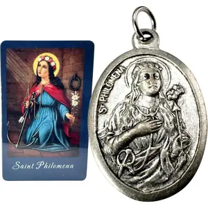 St Philomena Medal Set Italian Metal Medallion with Saint Holy Prayer Card