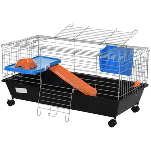 35in Black Metal Wire Small Animal Cage - Includes Food Dish, Water Bottle, Hay Feeder, Platform, Ramp - Pet Habitat for Chinchilla, Rabbit - Indoor, Outdoor Use for Living Room, Backyard
