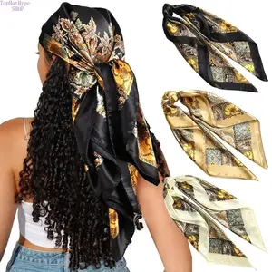3Pcs/Set 35'' Large Printed Square Head Scarf for Women, Silk-Like Satin Texture Soft Neck Scarf, Versatile Hair Kerchief Bandana & Sleeping Head Wrap, Multi-Use Hair Accessory for Daily Wear & Styling,summervibes