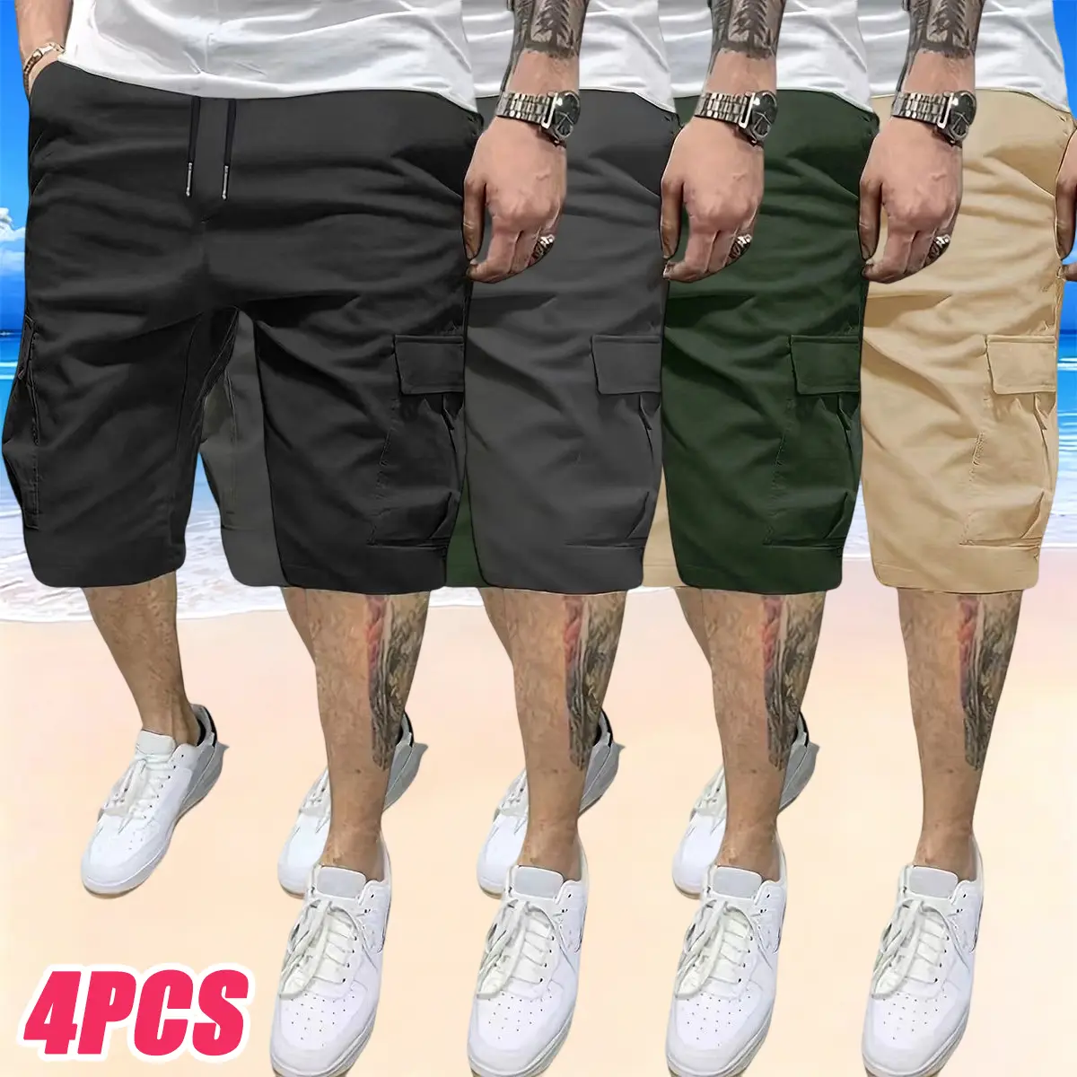 Men’s 4-piece athletic beach shorts set — four-way stretch quick-dry surfing shorts with side pockets, comfortable water sports shorts suitable for kayaking