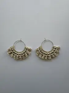 Crochet Hoop Earrings – Champagne Cotton Fringe with Beads