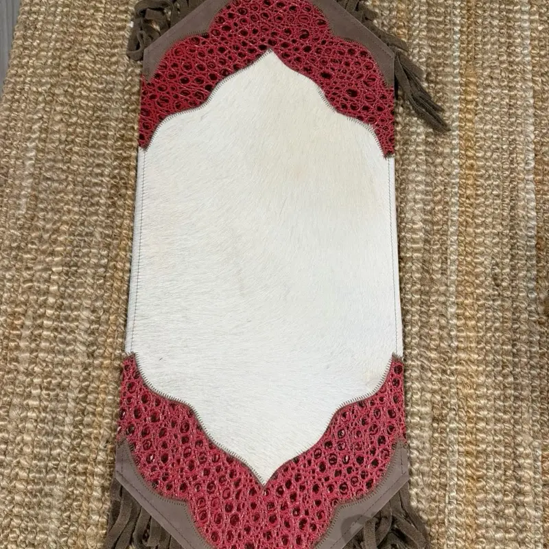 Leather Placement Mat with Fringe Genuine Leather Red Border Decorative Table Mat