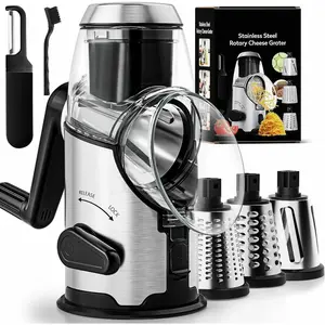 Rotary Cheese Grater with Handle - Mandoline Slicer with 3 Stainless Steel Drum -Vegetable Slicer Walnuts  Cheese Shredder Round Mandoline with Peeler