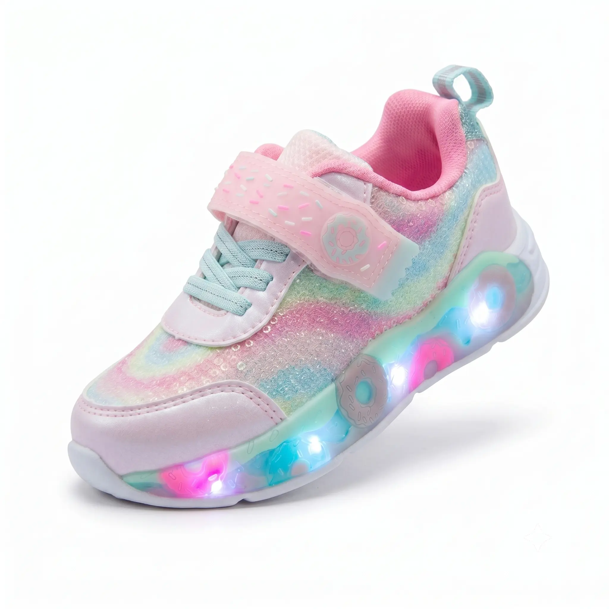 Children's LED Sports Shoes, Children's Casual Shoes, Cute Donut Cartoon Light-Up Shoes, Led Shoes For Kids,Sparkling Sequin Upper, Breathable Non-Slip Flat Running Shoes, Girl's Birthday Gift for Back-to-School Season