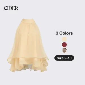 Cider Halter Neckline Knotted Layered Ruffle Hem Blouse
