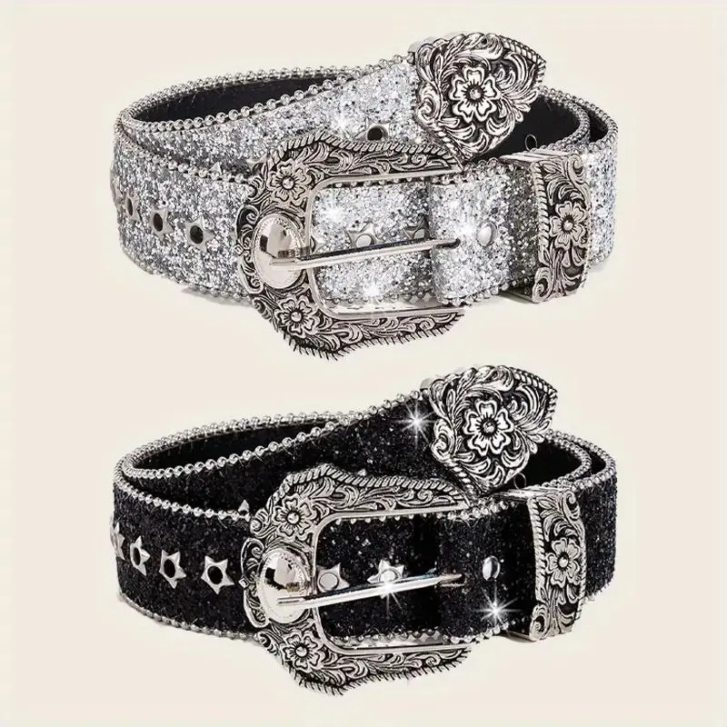 Rhinestone Y2K Belts Hip Hop Trendy Cowboy Cowgirl Jeans Pants Belt For Women daily uses Trendy Solid Color Sparkling Belt