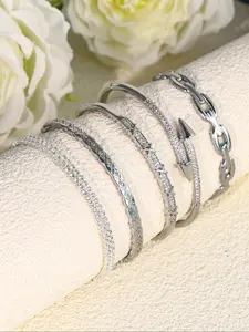Fashionable 5-Piece Silver Color Stackable Bracelets with Imitation Zircon Stone, Perfect Women's Accessory for All Occasions, Ideal Gift for Her