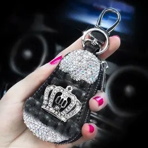 Shiny Crown Rhinestone Key Case for Car and Home Keys, PU Leather Key Shell Protector, Key Fob Protector, Car Key Holder, Stylish Auto Accessories for Women, Car Key Accessory