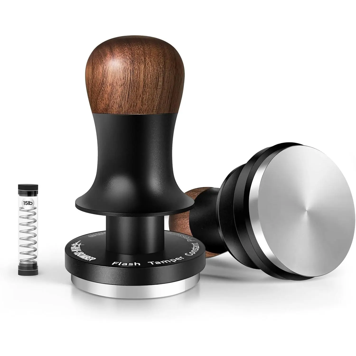 58.5mm Espresso Tamper - 3 Spring Loaded Coffee Tamper with Sound Feedback - Barista Tamper Tool Espresso with 15lb / 30lbs Replacement Springs - Walnut Handle SUS304 Flat Base T7067F-OS