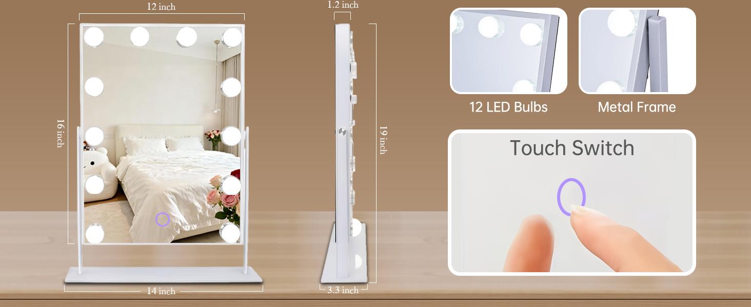 Amifiy Hollywood Vanity Mirror with Lights, 10x Magnifying, 12 LED Bulbs, 3 Color Lights and 360° Rotation, 14" x 19" Desk Lighted Makeup Mirror for Bedroom Dresser College Dorm