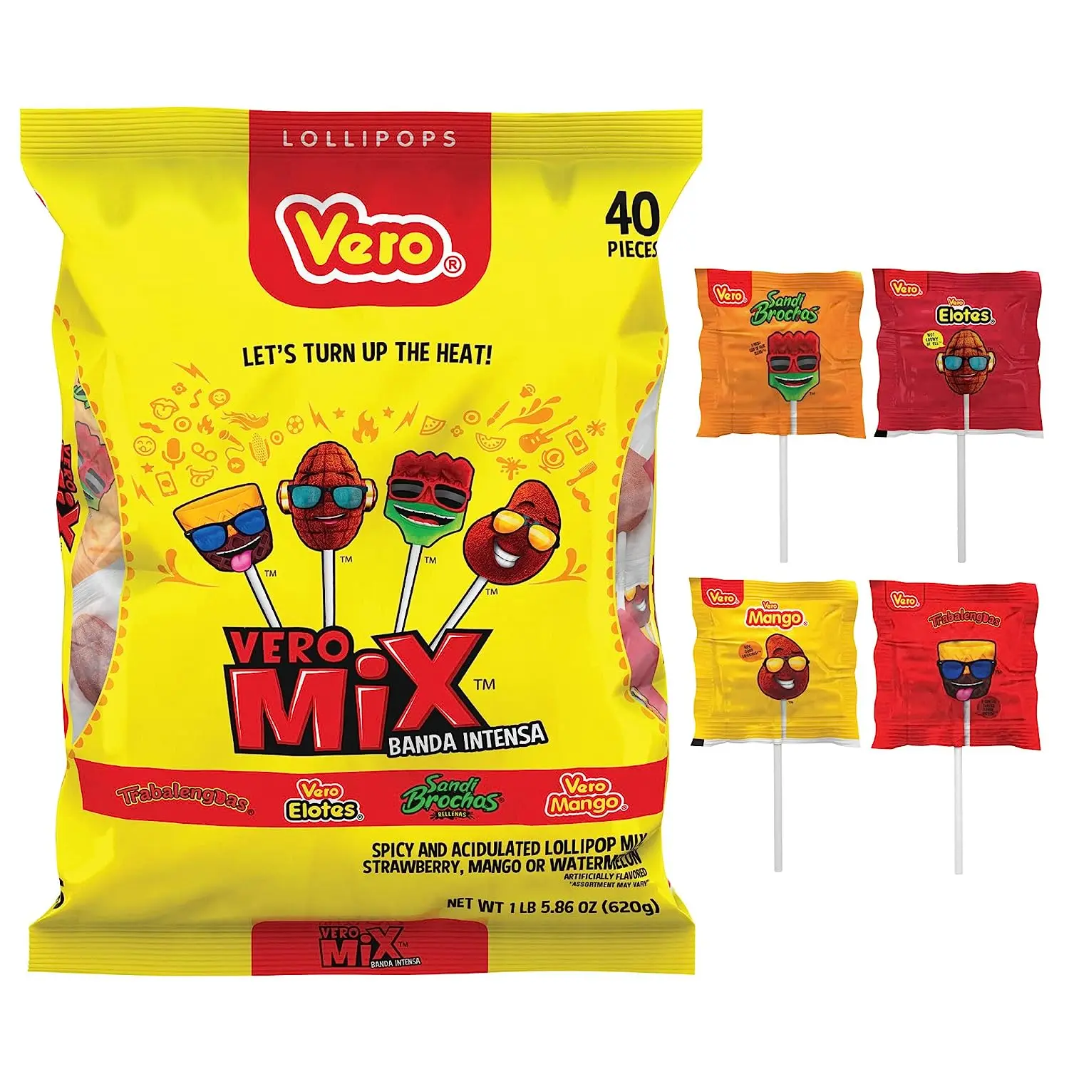 Vero Banda Fuego Mix Assorted Chili Lollipops, 40 Count Bag Mexican Candy Dulces Mexicanos Candies Spicy Sweet Sugar Snack Vero Banda Fuego Mix Assorted Chili Lollipops, 40 Count Bag Mexican Candy Dulces Mexicanos Candies Spicy Sweet Sugar Snack