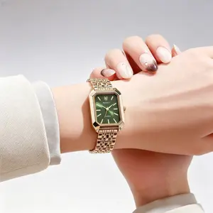 Gold-Tone Square Watch with Green Dial | Elegant Women’s Stainless Steel Dress Watch