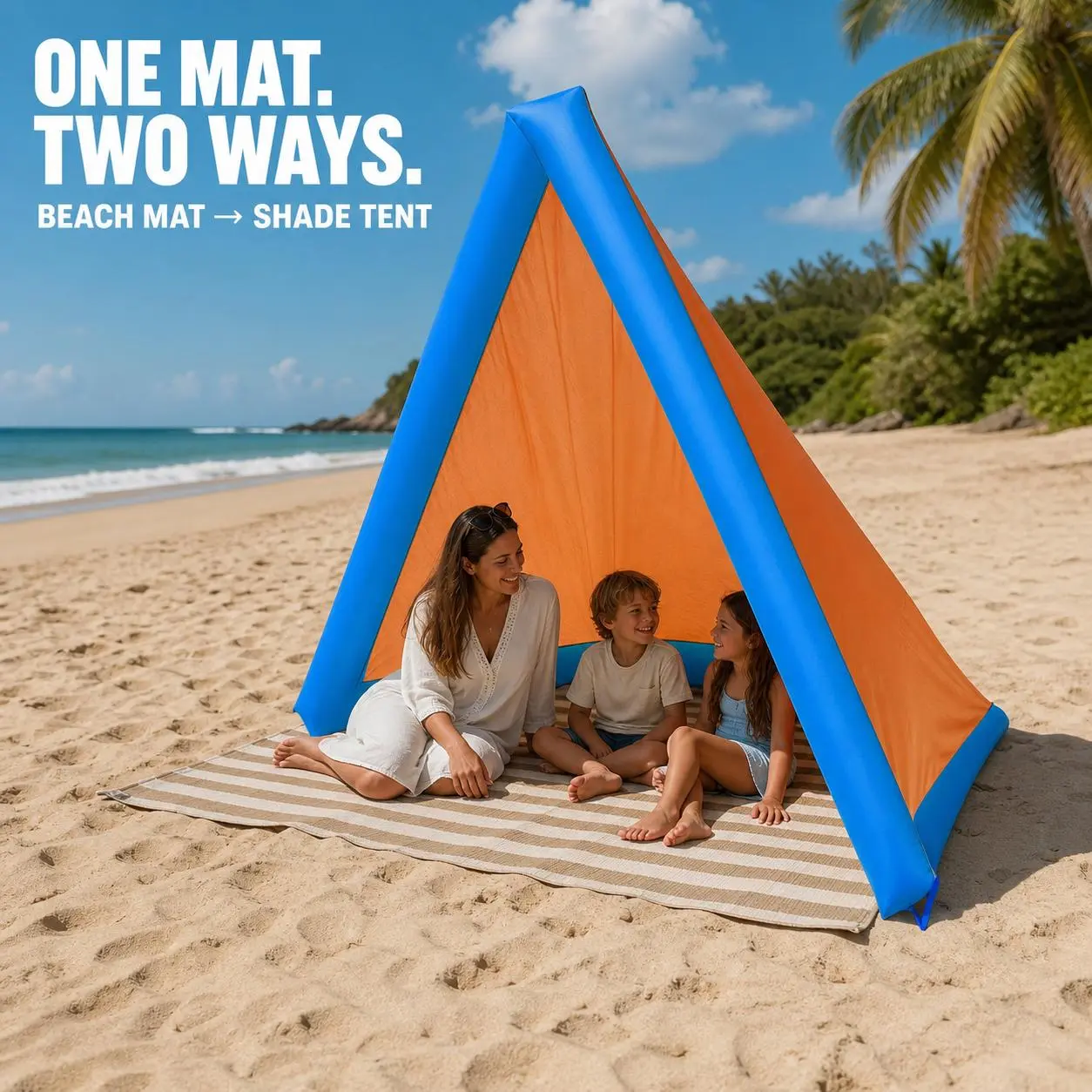 Sandproof Beach Blanket & Inflatable Shade Tent, 2-in-1 83" x 79" Family Beach Mat with Built-In Air Pillow, Waterproof Surface & Storage Bag
