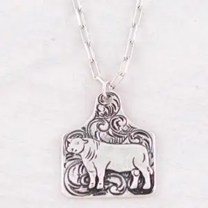 Tooling Cattle Tag Pendant Necklace - Approx. 18"L Lobster Claw Closure with Extending Hooks, Silver Color, and Unique Design