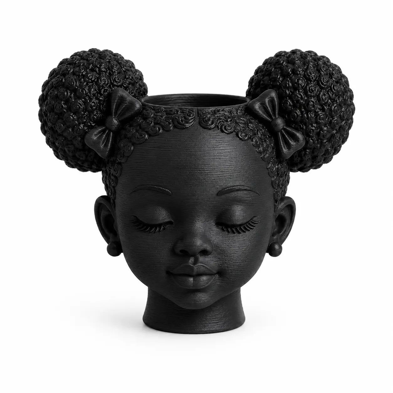 Mini Girl Afro Puff Head Planter, Matte Black Decorative Succulent Pot for Desk and Shelf Decor face