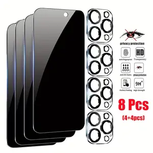 8pcs/Set 4pcs Privacy Screen Protector + 4pcs Camera Lens Protector, Smartphone Protector For iPhone 17 Pro Max/16 Pro Max/17 Pro/17/16/15/14/13/12, 9H+ Hardness Tempered Glass Film, Dynamic Island Compatible, Anti-Scratch, Full Coverage, Case Friendly