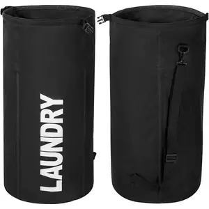 Foldable Laundry Bag Laundry Basket Collapsible Laundry Hamper Backpack Dirty Clothes Hamper Standing  Hampers for Dorm Room (Black)