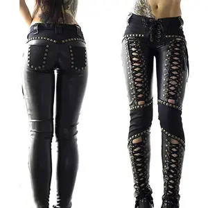 Women's Punk Rock Imitation Leather Pencil Pants - Black Basic Skinny Slim Fit Hollow Out Bandage Leggings Streetwear Bottoms
